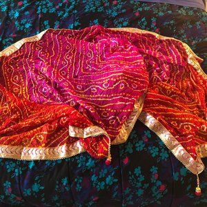 Pink and Orange Bandhani Silk Dupatta, Handmade